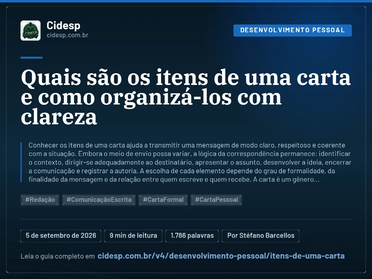 Cartão do artigo “Quais são os itens de uma carta e como organizá-los com clareza”, com resumo, data de publicação e endereço da página.