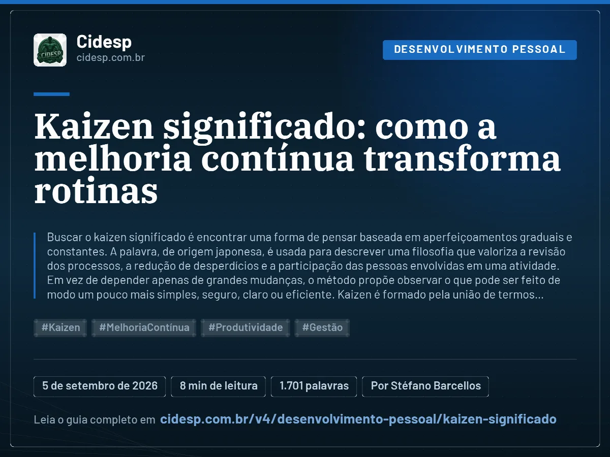 Cartão do artigo “Kaizen significado: como a melhoria contínua transforma rotinas”, com resumo, data de publicação e endereço da página.