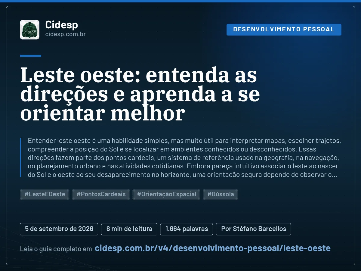 Cartão do artigo “Leste oeste: entenda as direções e aprenda a se orientar melhor”, com resumo, data de publicação e endereço da página.