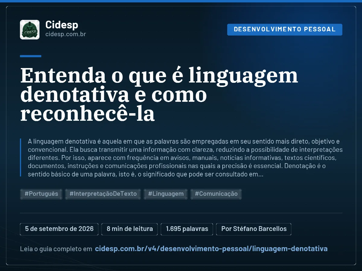 Cartão do artigo “Entenda o que é linguagem denotativa e como reconhecê-la”, com resumo, data de publicação e endereço da página.