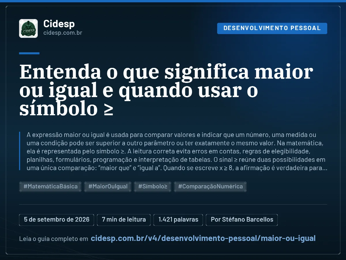 Cartão do artigo “Entenda o que significa maior ou igual e quando usar o símbolo ≥”, com resumo, data de publicação e endereço da página.