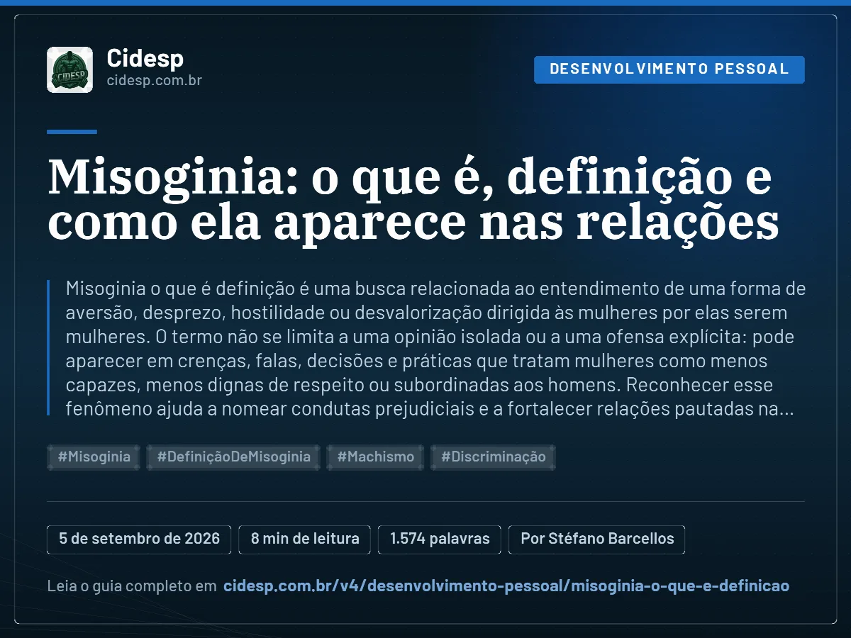 Cartão do artigo “Misoginia: o que é, definição e como ela aparece nas relações”, com resumo, data de publicação e endereço da página.