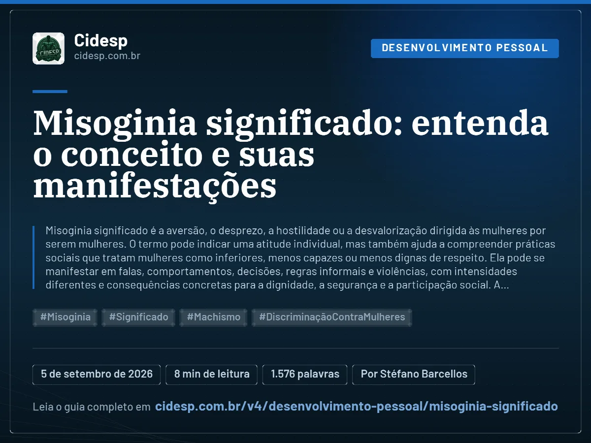 Cartão do artigo “Misoginia significado: entenda o conceito e suas manifestações”, com resumo, data de publicação e endereço da página.