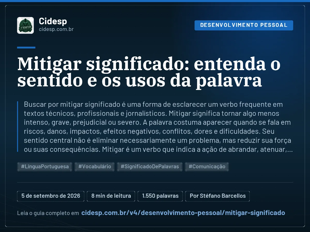 Cartão do artigo “Mitigar significado: entenda o sentido e os usos da palavra”, com resumo, data de publicação e endereço da página.