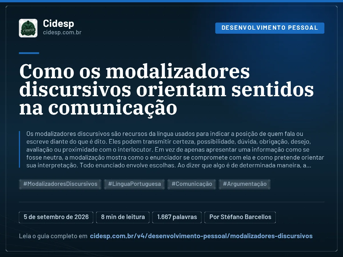 Cartão do artigo “Como os modalizadores discursivos orientam sentidos na comunicação”, com resumo, data de publicação e endereço da página.