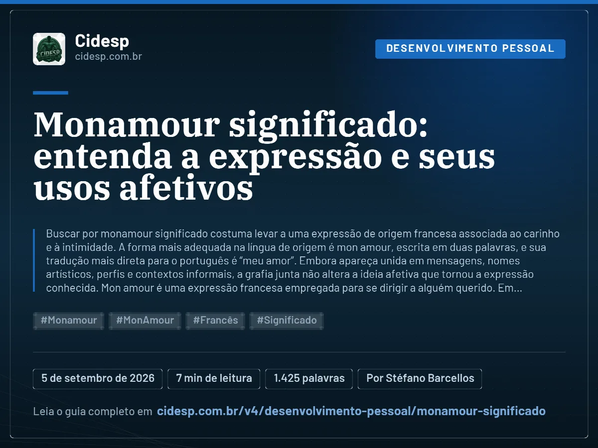 Cartão do artigo “Monamour significado: entenda a expressão e seus usos afetivos”, com resumo, data de publicação e endereço da página.