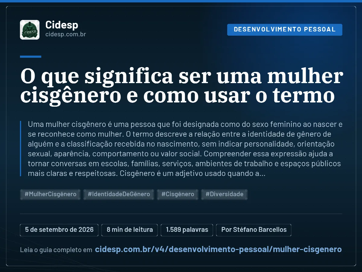 Cartão do artigo “O que significa ser uma mulher cisgênero e como usar o termo”, com resumo, data de publicação e endereço da página.
