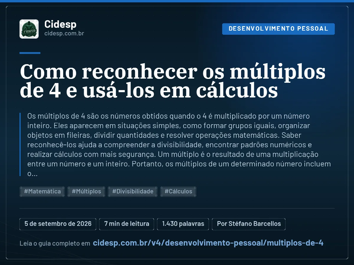 Cartão do artigo “Como reconhecer os múltiplos de 4 e usá-los em cálculos”, com resumo, data de publicação e endereço da página.