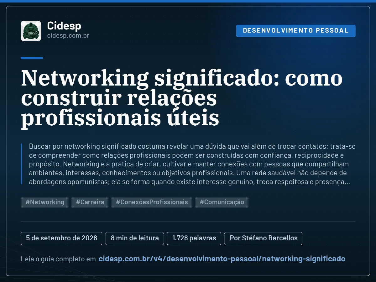 Cartão do artigo “Networking significado: como construir relações profissionais úteis”, com resumo, data de publicação e endereço da página.