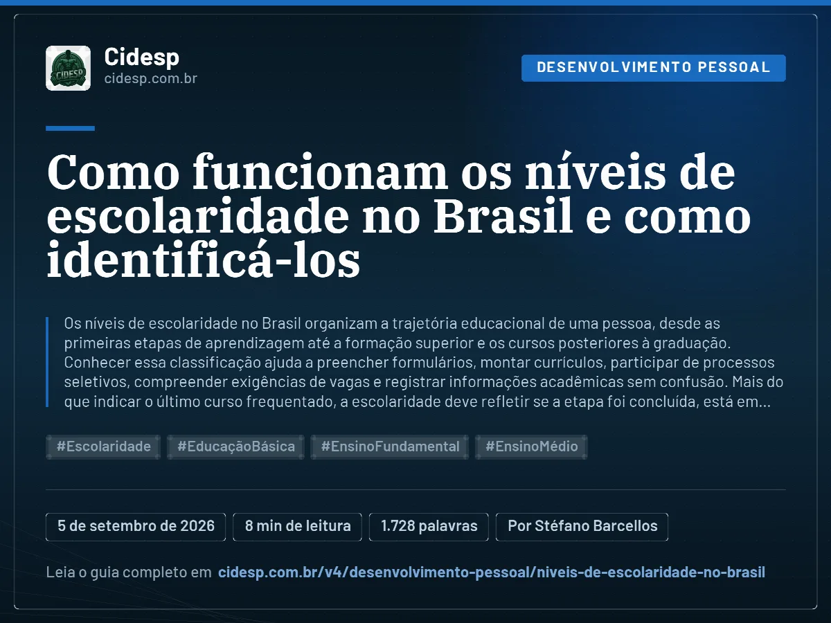 Cartão do artigo “Como funcionam os níveis de escolaridade no Brasil e como identificá-los”, com resumo, data de publicação e endereço da página.