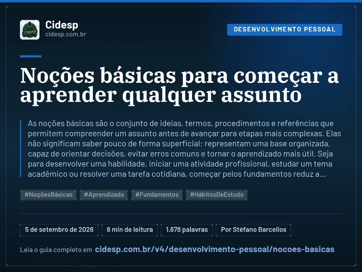 Cartão do artigo “Noções básicas para começar a aprender qualquer assunto”, com resumo, data de publicação e endereço da página.