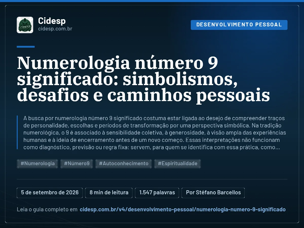 Cartão do artigo “Numerologia número 9 significado: simbolismos, desafios e caminhos pessoais”, com resumo, data de publicação e endereço da página.