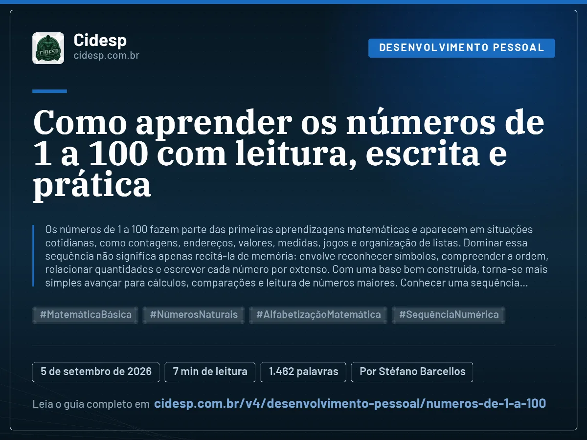 Cartão do artigo “Como aprender os números de 1 a 100 com leitura, escrita e prática”, com resumo, data de publicação e endereço da página.