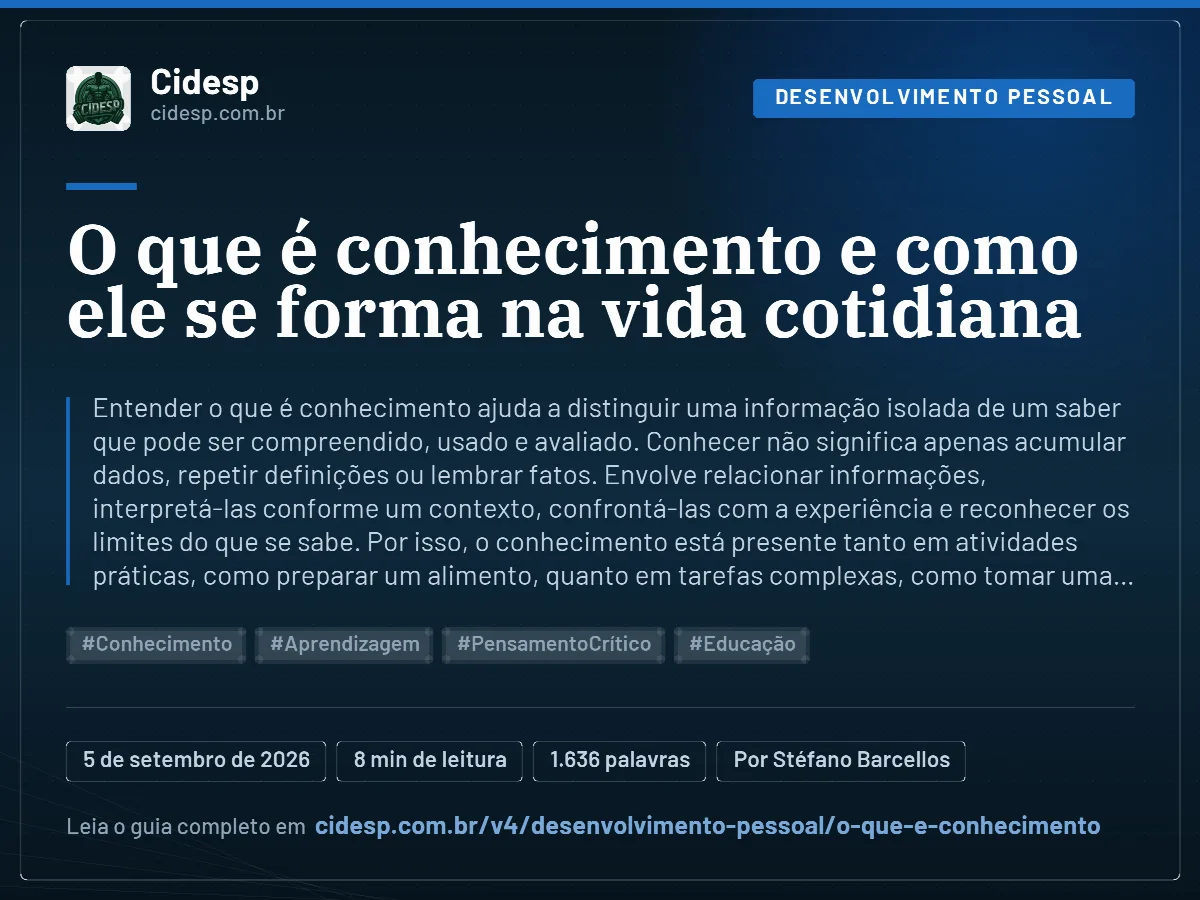 Cartão do artigo “O que é conhecimento e como ele se forma na vida cotidiana”, com resumo, data de publicação e endereço da página.