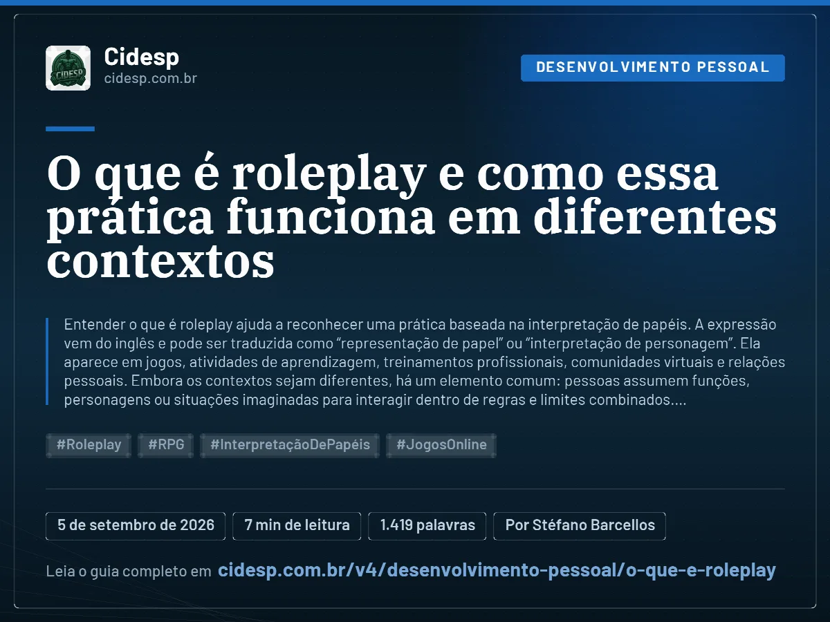 Cartão do artigo “O que é roleplay e como essa prática funciona em diferentes contextos”, com resumo, data de publicação e endereço da página.