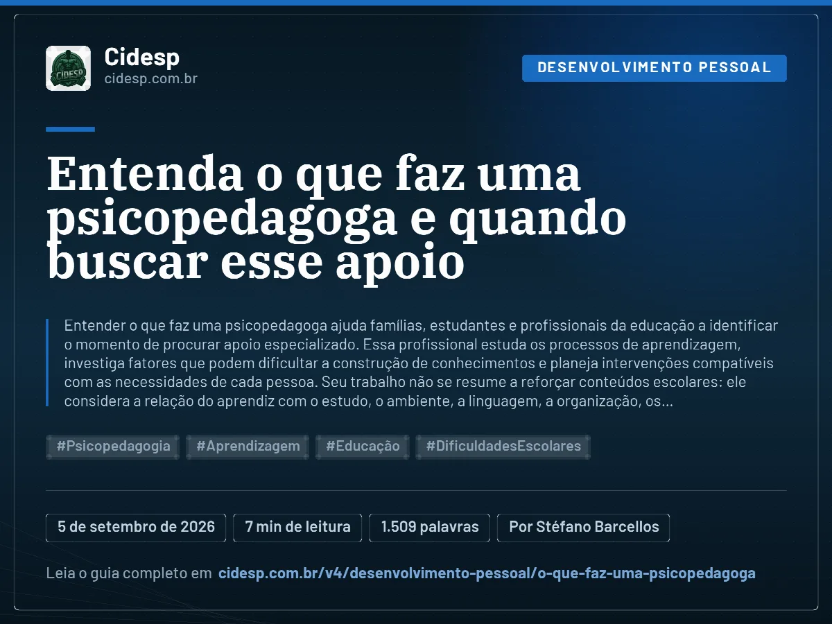 Cartão do artigo “Entenda o que faz uma psicopedagoga e quando buscar esse apoio”, com resumo, data de publicação e endereço da página.