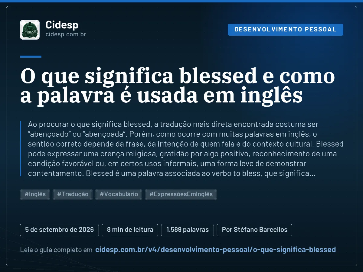 Cartão do artigo “O que significa blessed e como a palavra é usada em inglês”, com resumo, data de publicação e endereço da página.