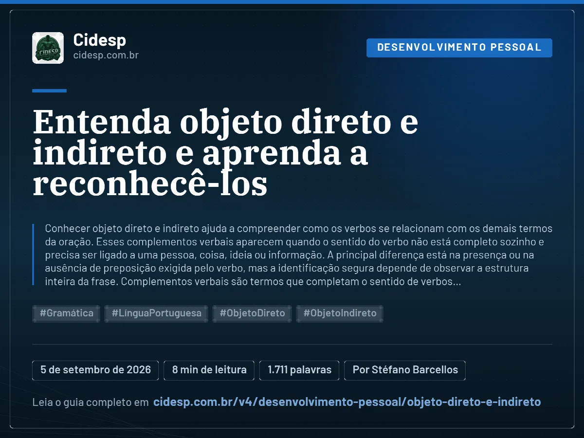 Cartão do artigo “Entenda objeto direto e indireto e aprenda a reconhecê-los”, com resumo, data de publicação e endereço da página.