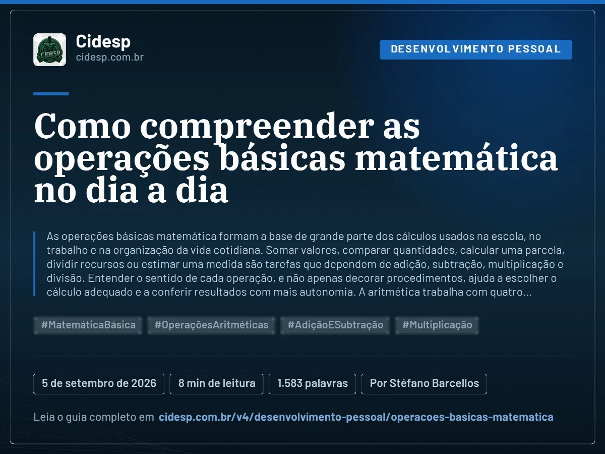 Cartão do artigo “Como compreender as operações básicas matemática no dia a dia”, com resumo, data de publicação e endereço da página.