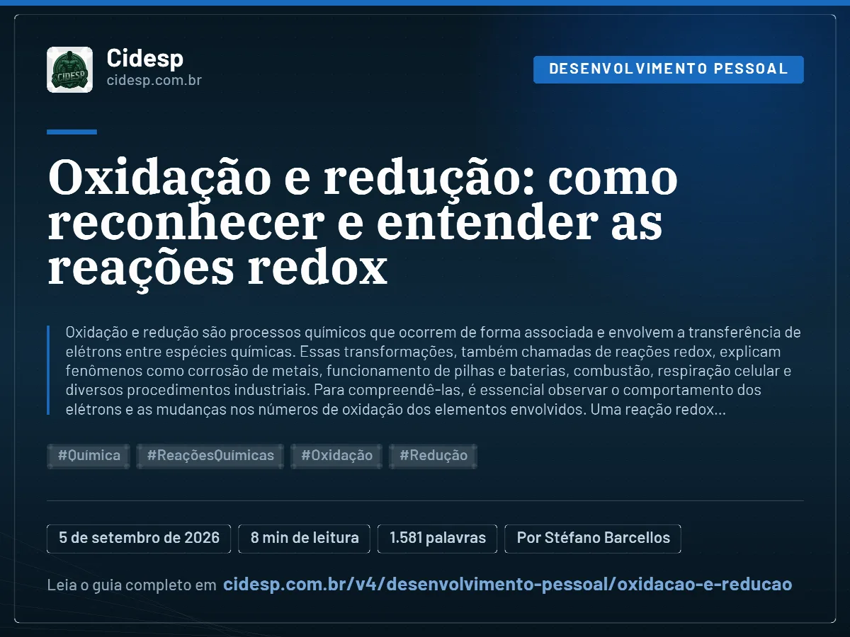 Cartão do artigo “Oxidação e redução: como reconhecer e entender as reações redox”, com resumo, data de publicação e endereço da página.
