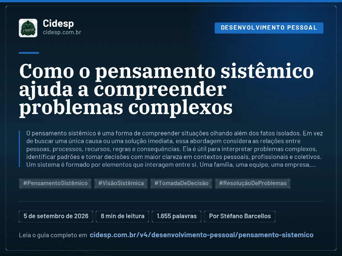 Cartão do artigo “Como o pensamento sistêmico ajuda a compreender problemas complexos”, com resumo, data de publicação e endereço da página.
