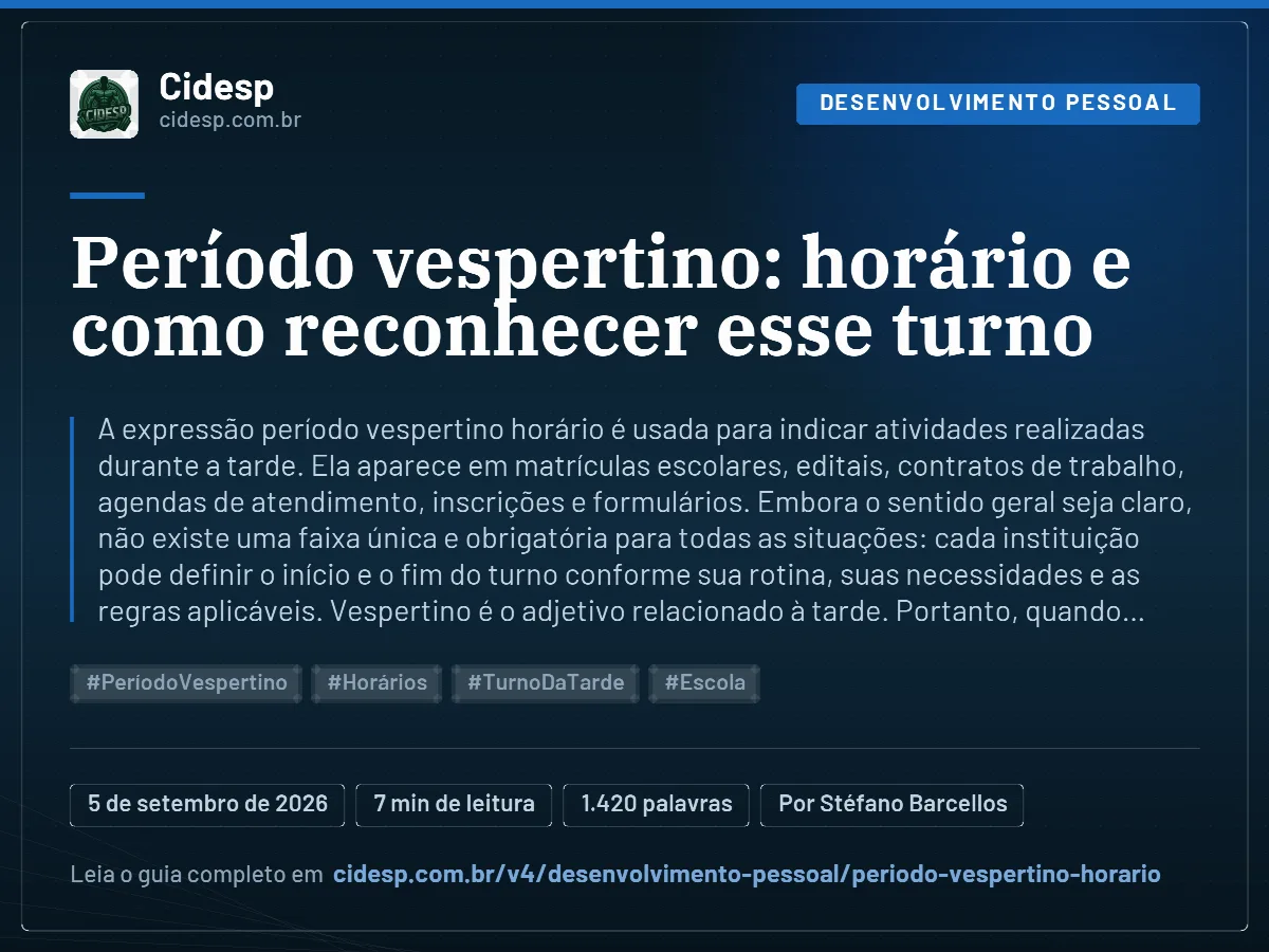 Cartão do artigo “Período vespertino: horário e como reconhecer esse turno”, com resumo, data de publicação e endereço da página.