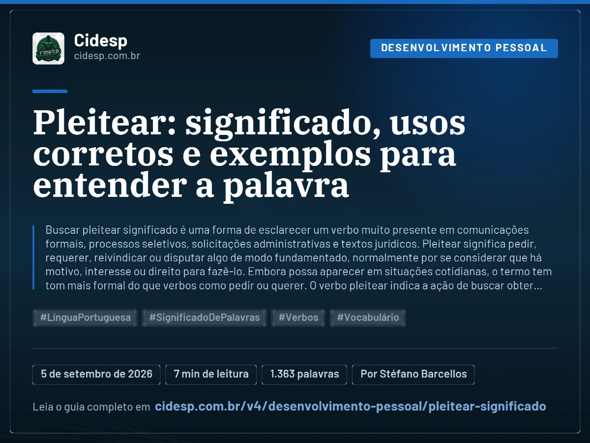 Cartão do artigo “Pleitear: significado, usos corretos e exemplos para entender a palavra”, com resumo, data de publicação e endereço da página.