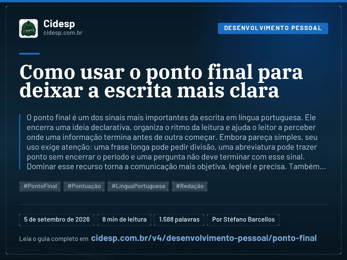 Cartão do artigo “Como usar o ponto final para deixar a escrita mais clara”, com resumo, data de publicação e endereço da página.