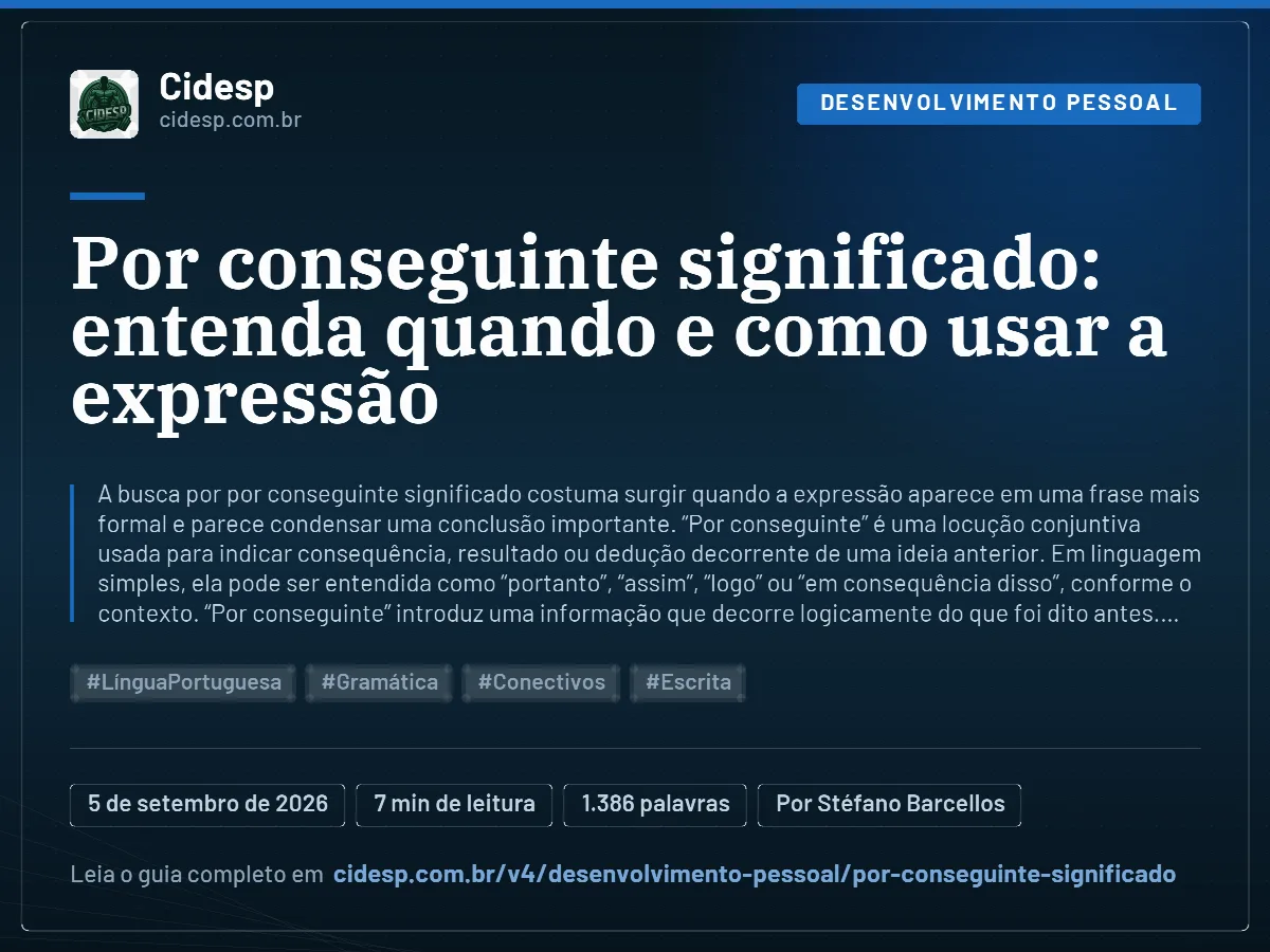 Cartão do artigo “Por conseguinte significado: entenda quando e como usar a expressão”, com resumo, data de publicação e endereço da página.