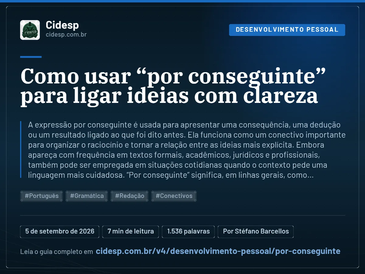 Cartão do artigo “Como usar “por conseguinte” para ligar ideias com clareza”, com resumo, data de publicação e endereço da página.
