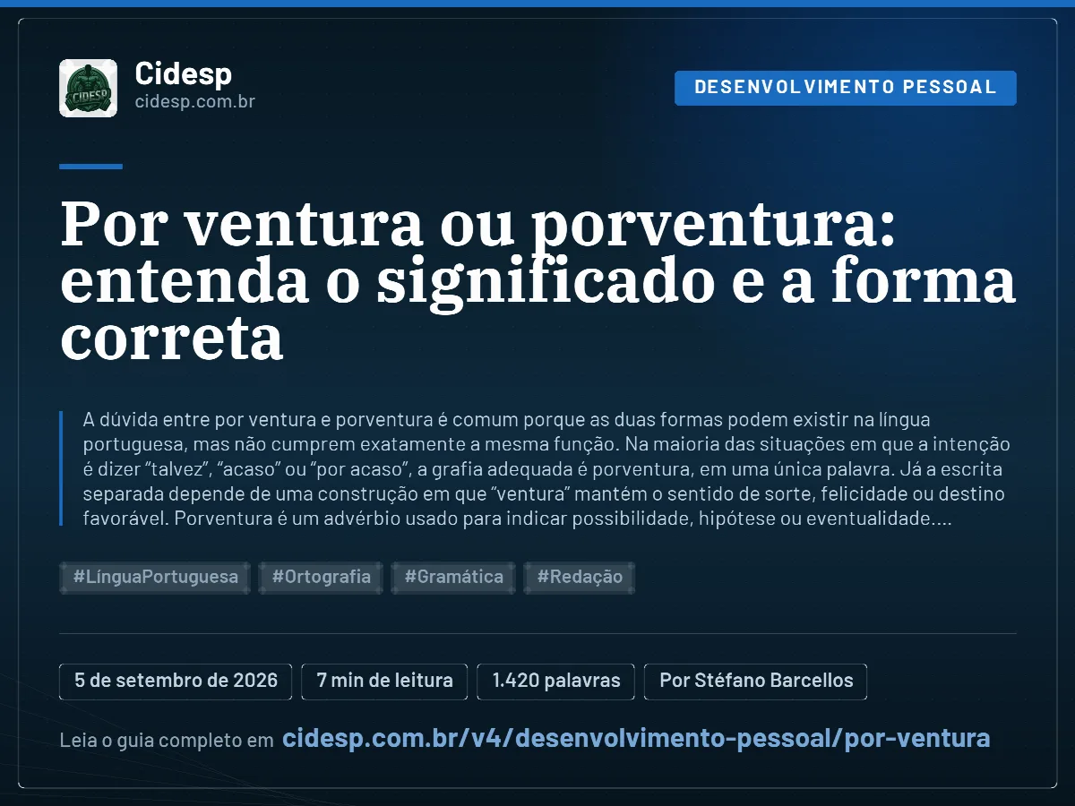 Cartão do artigo “Por ventura ou porventura: entenda o significado e a forma correta”, com resumo, data de publicação e endereço da página.