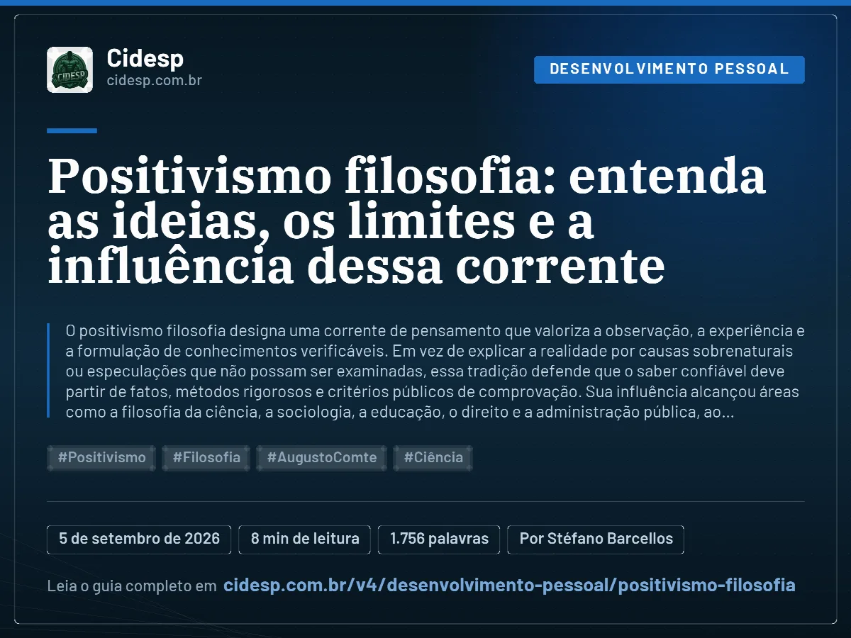 Cartão do artigo “Positivismo filosofia: entenda as ideias, os limites e a influência dessa corrente”, com resumo, data de publicação e endereço da página.