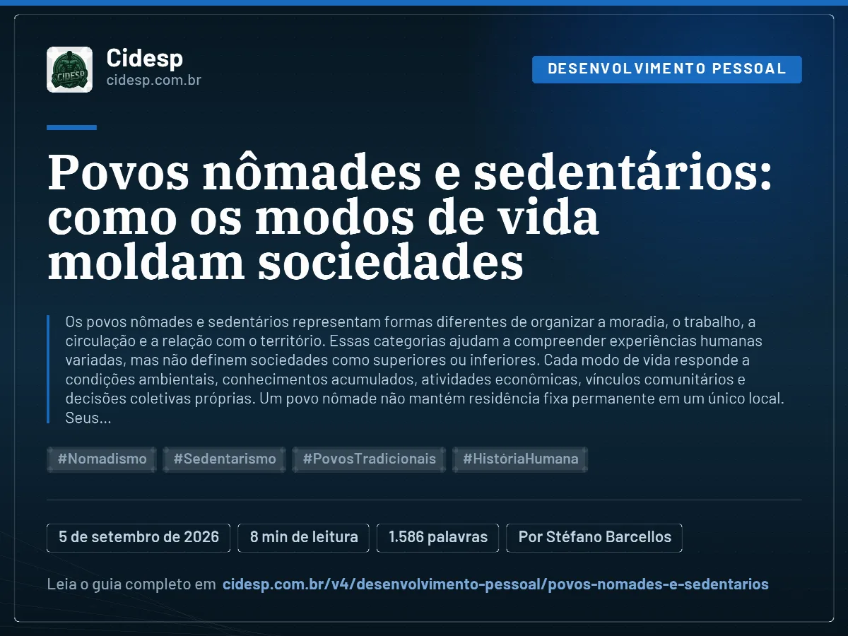 Cartão do artigo “Povos nômades e sedentários: como os modos de vida moldam sociedades”, com resumo, data de publicação e endereço da página.