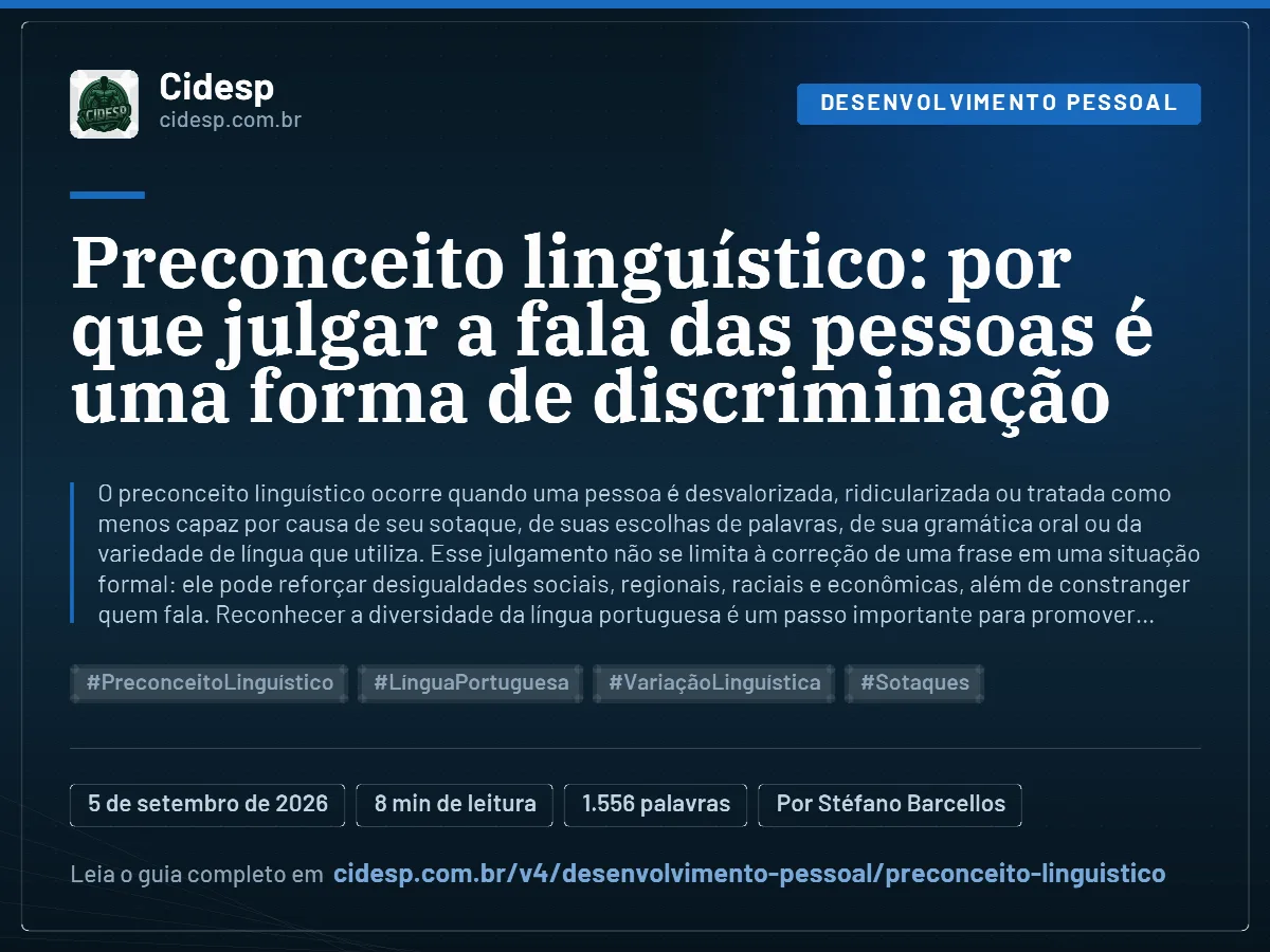 Cartão do artigo “Preconceito linguístico: por que julgar a fala das pessoas é uma forma de discriminação”, com resumo, data de publicação e endereço da página.