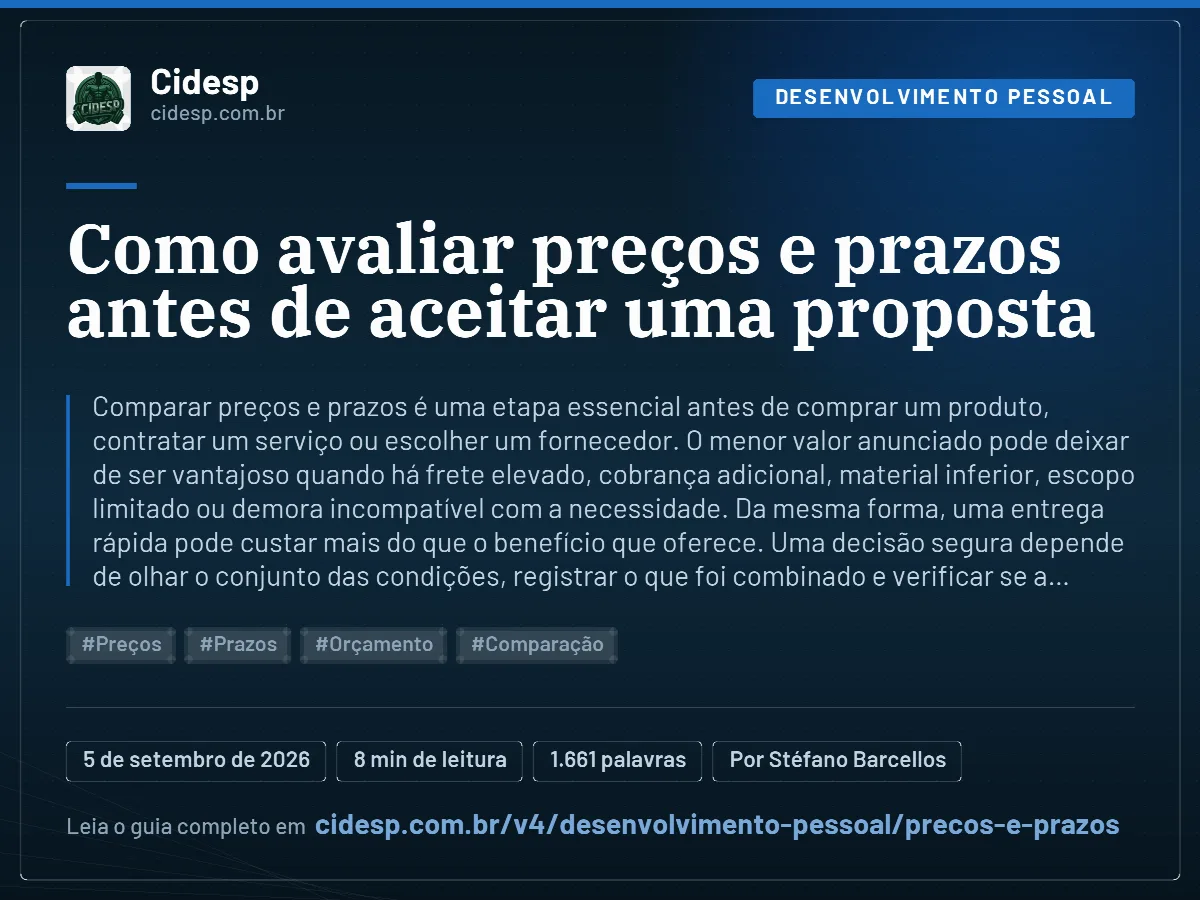 Cartão do artigo “Como avaliar preços e prazos antes de aceitar uma proposta”, com resumo, data de publicação e endereço da página.