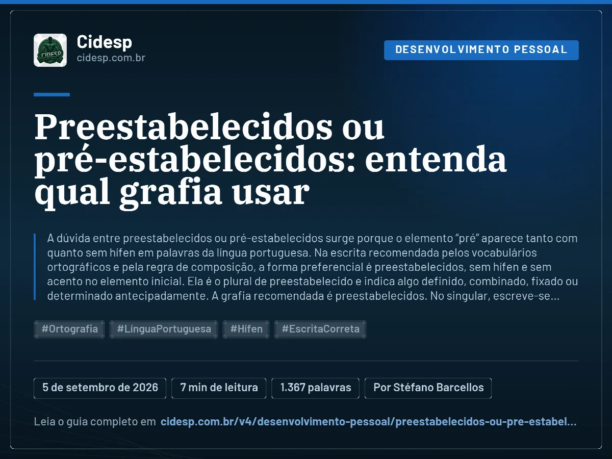 Cartão do artigo “Preestabelecidos ou pré-estabelecidos: entenda qual grafia usar”, com resumo, data de publicação e endereço da página.