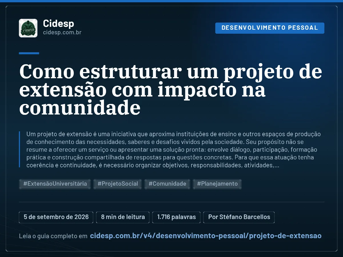 Cartão do artigo “Como estruturar um projeto de extensão com impacto na comunidade”, com resumo, data de publicação e endereço da página.