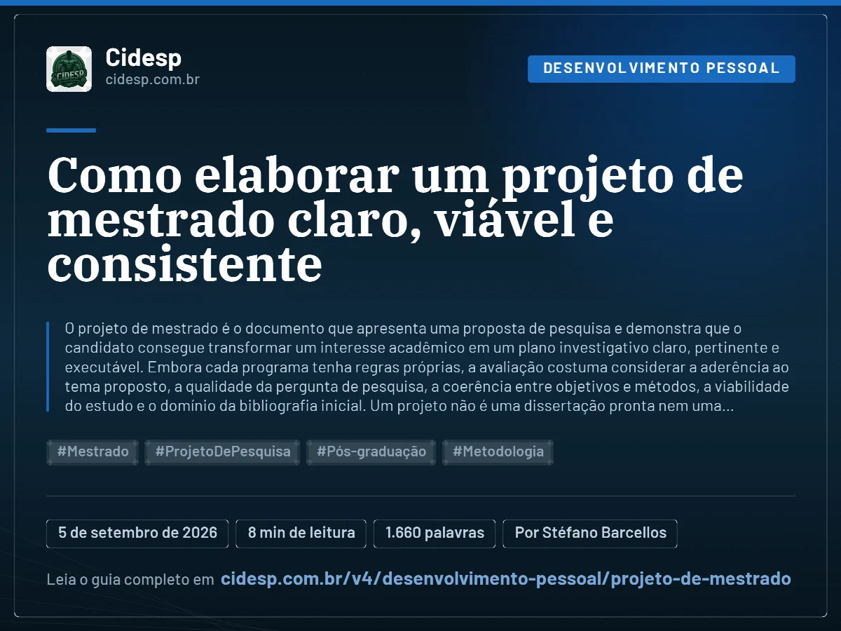 Cartão do artigo “Como elaborar um projeto de mestrado claro, viável e consistente”, com resumo, data de publicação e endereço da página.