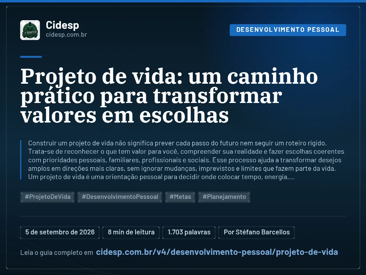 Cartão do artigo “Projeto de vida: um caminho prático para transformar valores em escolhas”, com resumo, data de publicação e endereço da página.