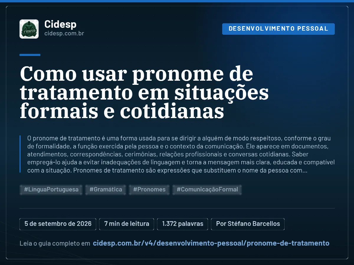 Cartão do artigo “Como usar pronome de tratamento em situações formais e cotidianas”, com resumo, data de publicação e endereço da página.