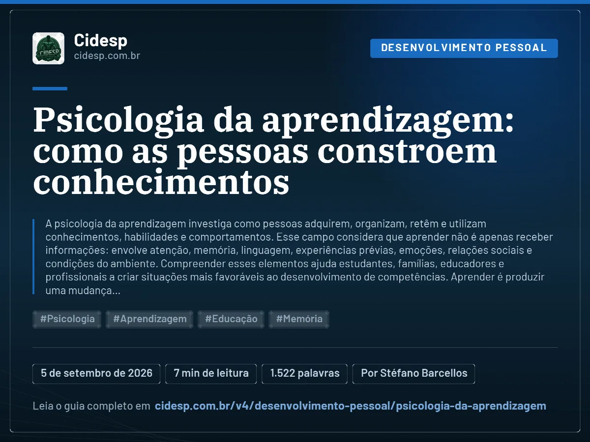 Cartão do artigo “Psicologia da aprendizagem: como as pessoas constroem conhecimentos”, com resumo, data de publicação e endereço da página.