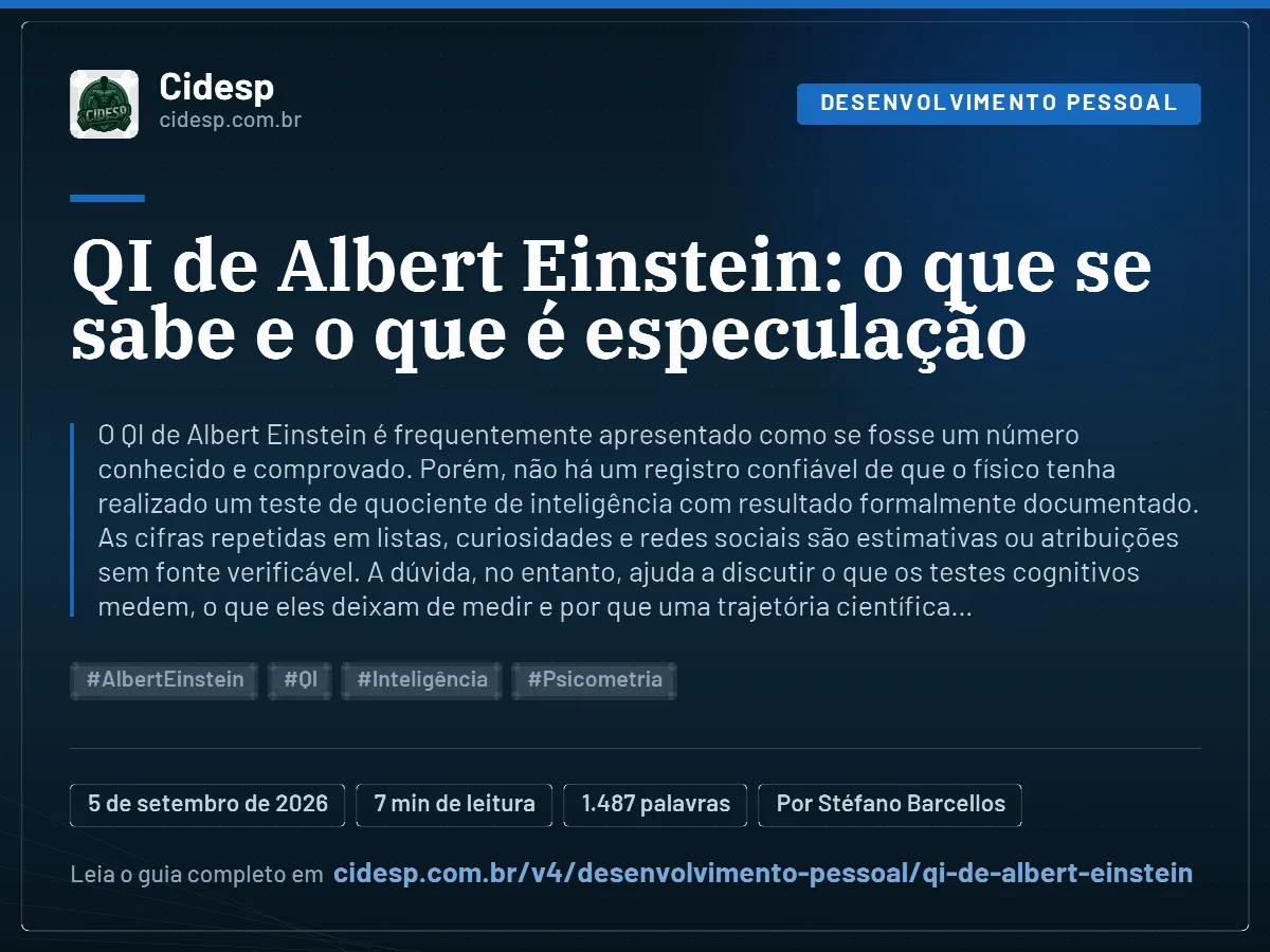 Cartão do artigo “QI de Albert Einstein: o que se sabe e o que é especulação”, com resumo, data de publicação e endereço da página.