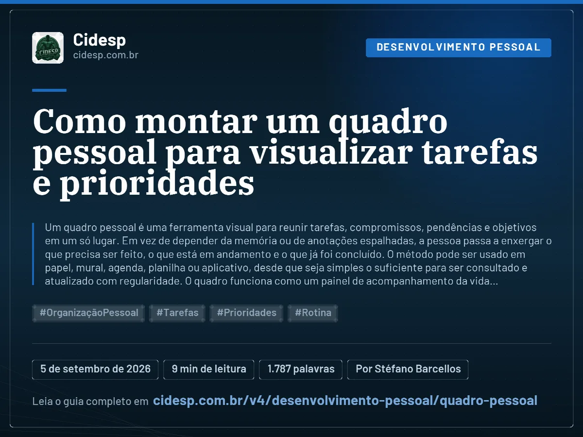 Cartão do artigo “Como montar um quadro pessoal para visualizar tarefas e prioridades”, com resumo, data de publicação e endereço da página.