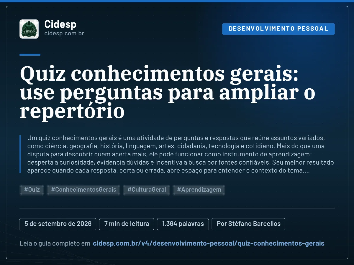 Cartão do artigo “Quiz conhecimentos gerais: use perguntas para ampliar o repertório”, com resumo, data de publicação e endereço da página.
