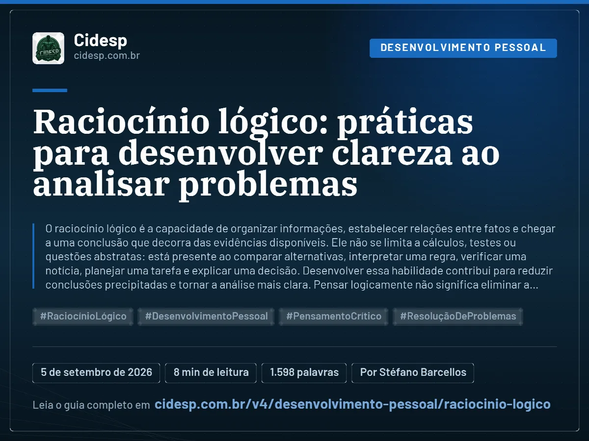 Cartão do artigo “Raciocínio lógico: práticas para desenvolver clareza ao analisar problemas”, com resumo, data de publicação e endereço da página.