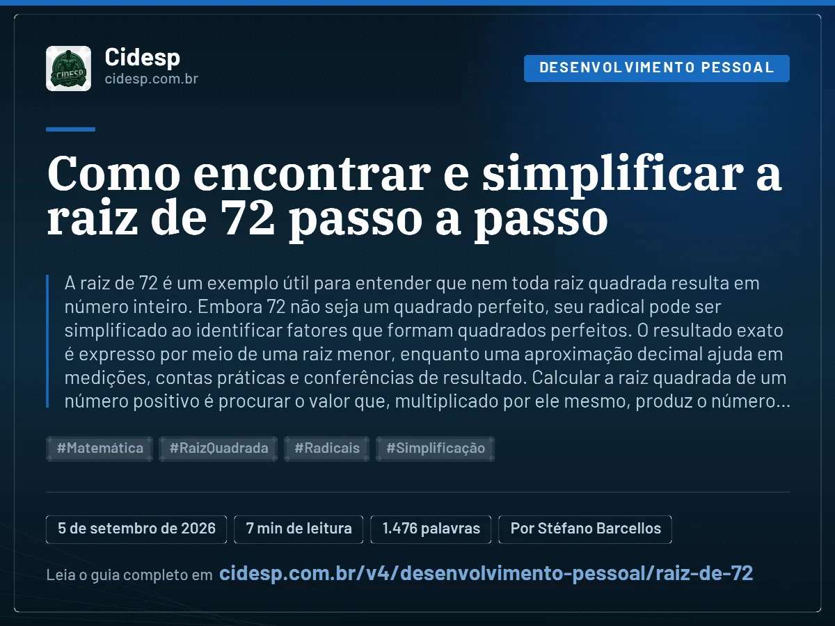 Cartão do artigo “Como encontrar e simplificar a raiz de 72 passo a passo”, com resumo, data de publicação e endereço da página.