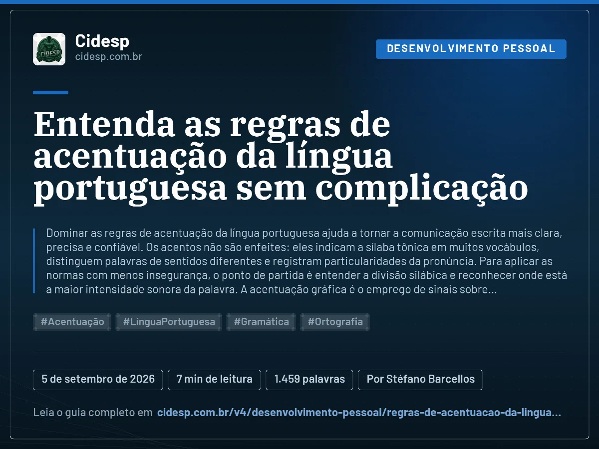 Cartão do artigo “Entenda as regras de acentuação da língua portuguesa sem complicação”, com resumo, data de publicação e endereço da página.