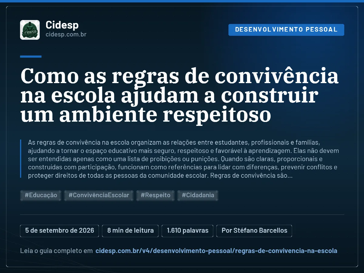 Cartão do artigo “Como as regras de convivência na escola ajudam a construir um ambiente respeitoso”, com resumo, data de publicação e endereço da página.