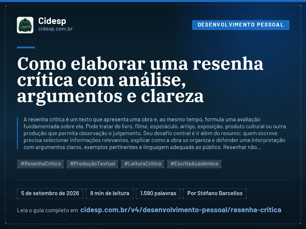 Cartão do artigo “Como elaborar uma resenha crítica com análise, argumentos e clareza”, com resumo, data de publicação e endereço da página.