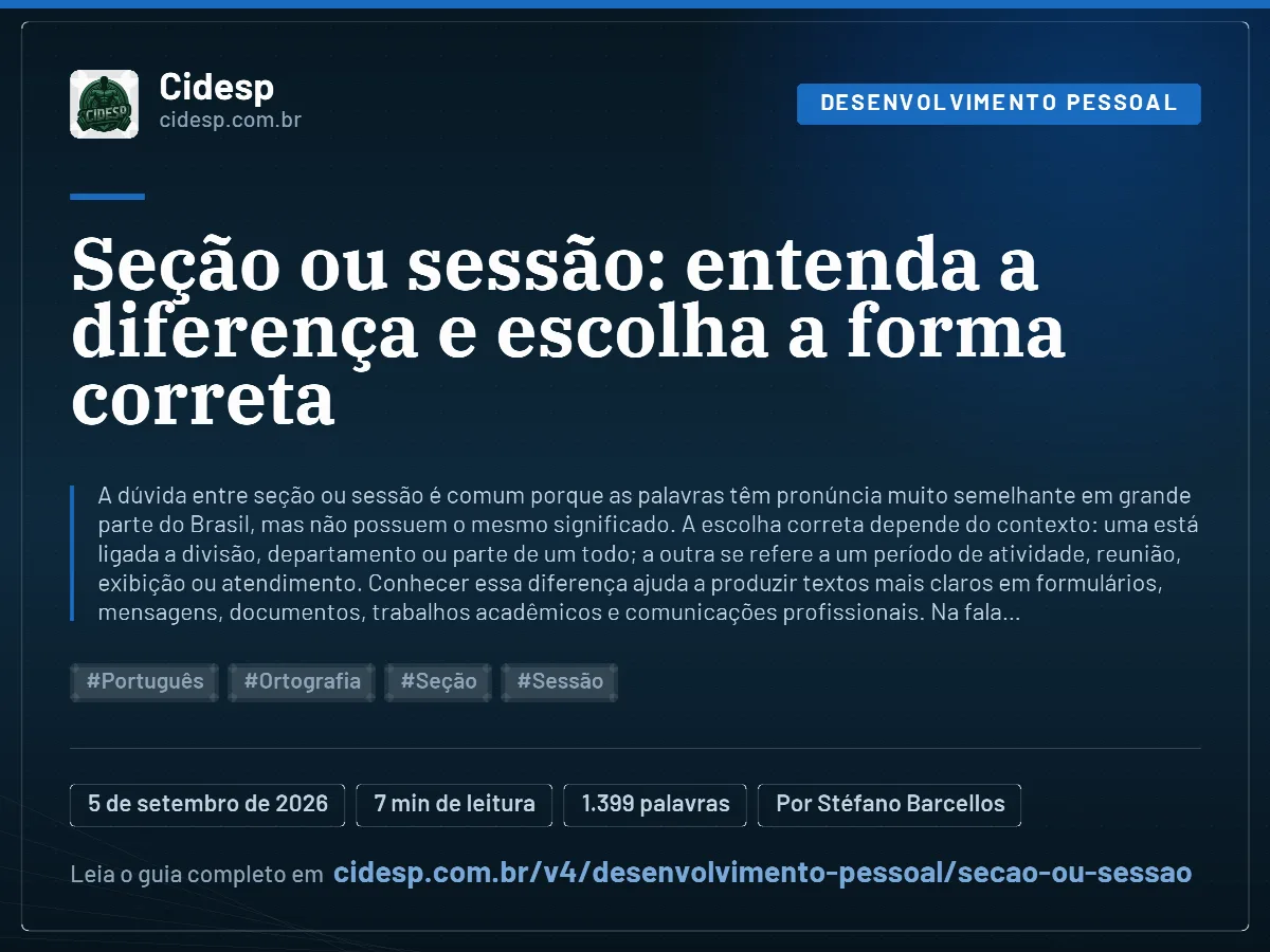 Cartão do artigo “Seção ou sessão: entenda a diferença e escolha a forma correta”, com resumo, data de publicação e endereço da página.